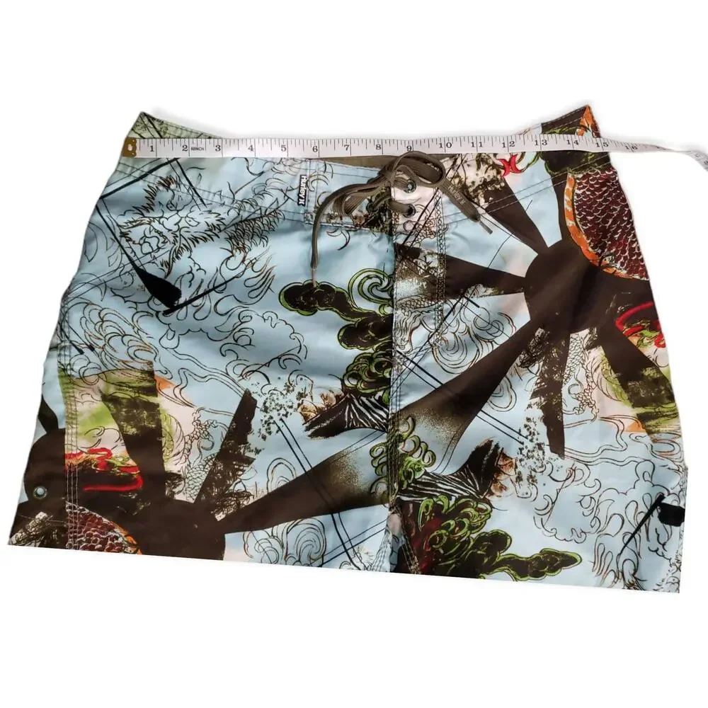 Hurley Blue & Brown Dragon Design String Tie Board Shorts - Swimming Trunks